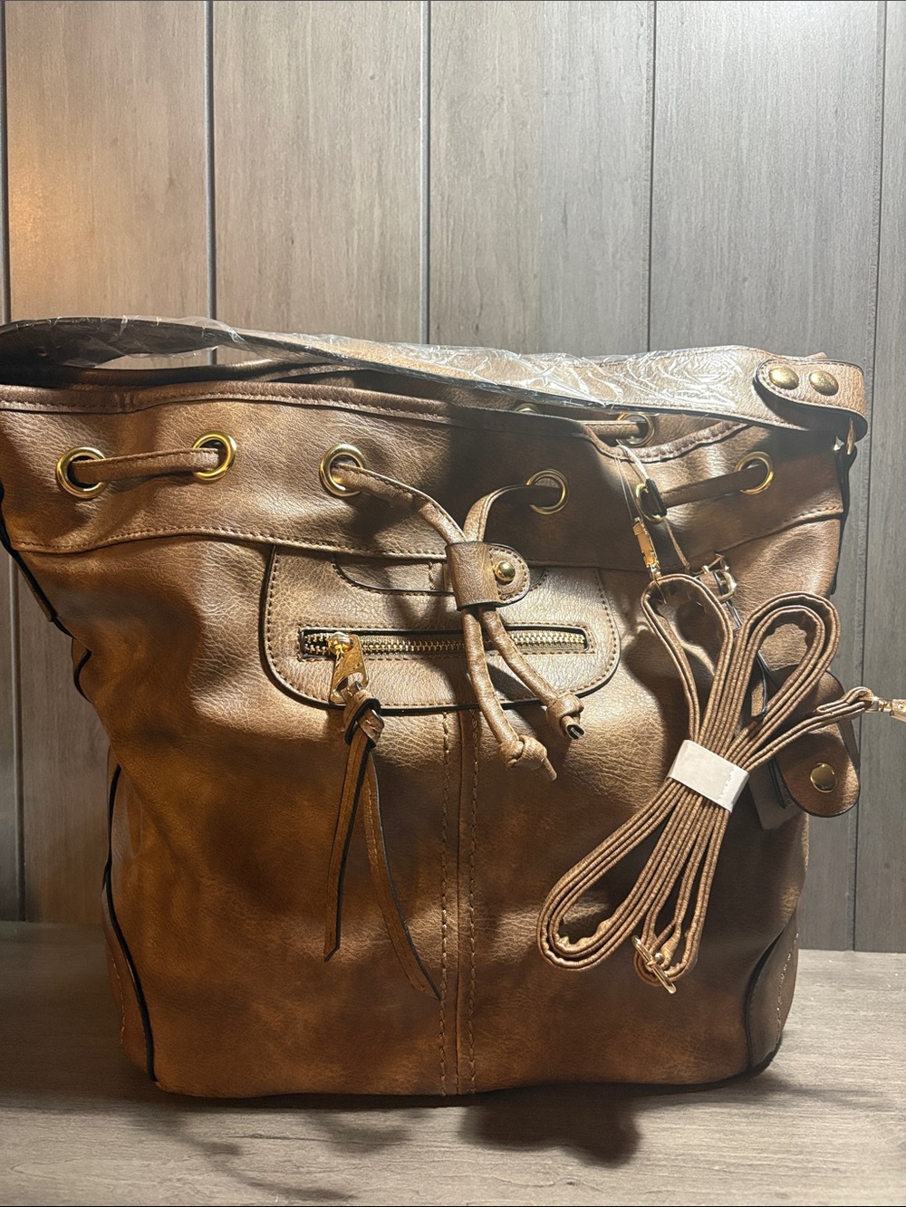 Beautiful Brown Drawstring Shoulder Bucket Bag with Gold Accents #29